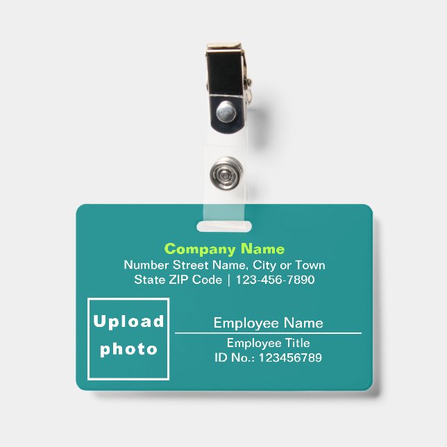 Text Based W/ Employee Photo Rectangle Teal Green ID Badge (Front with Clip)