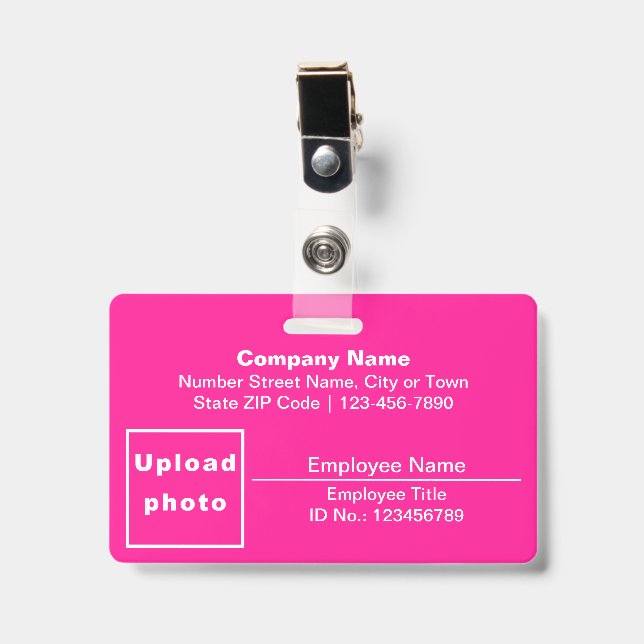 Text Based With Employee Photo Rectangle Pink ID Badge (Front with Clip)