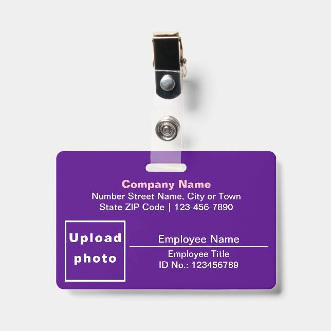 Text Based With Employee Photo Rectangle Purple ID Badge (Front with Clip)