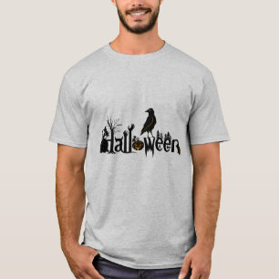 Text & Black Crow Halloween Illustration T-Shirt