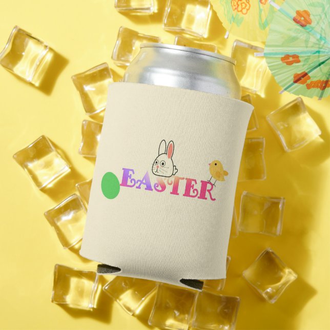 Text, bunny and chic Easter themed Can Cooler (In Situ Summer)