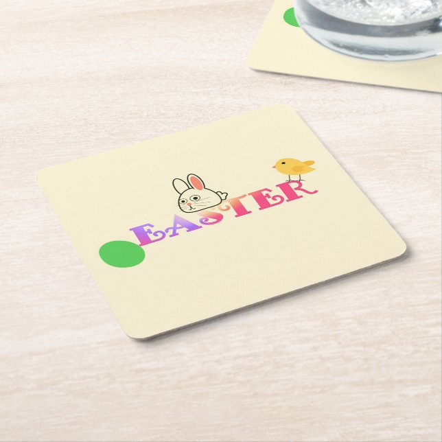 Text, bunny and chic Easter themed Square Paper Coaster (Angled)