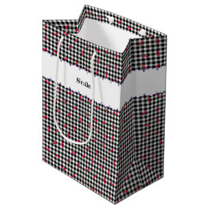 Text Customization Cherry Check Black Medium Paper Gift Bag