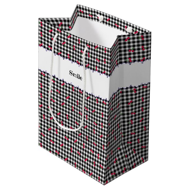 Text Customization Cherry Check Black Medium Paper Gift Bag (Front Angled)
