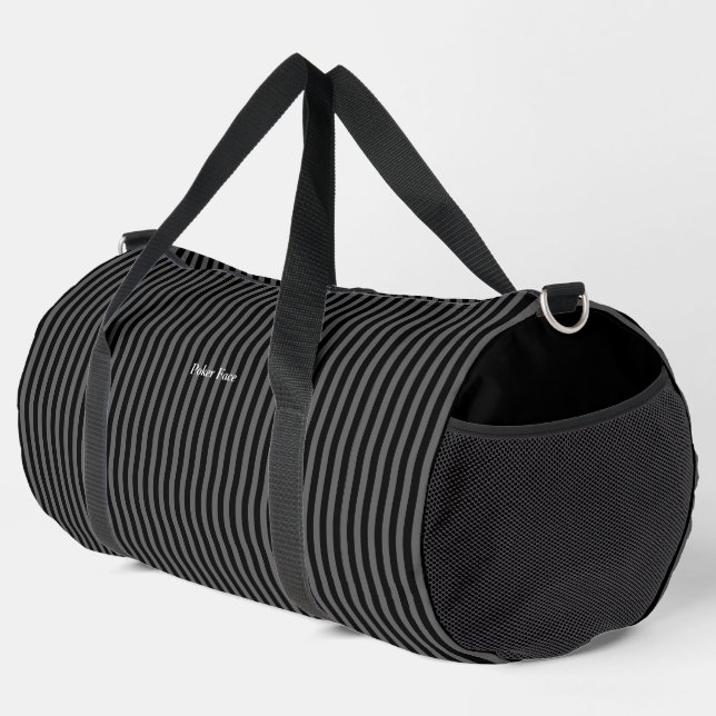 Text Customization Stripe Black Gray Duffle Bag (Right Corner)