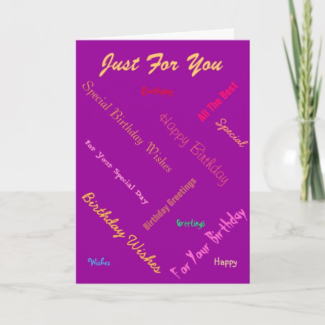 text design birthday greetings purple background card (Front)