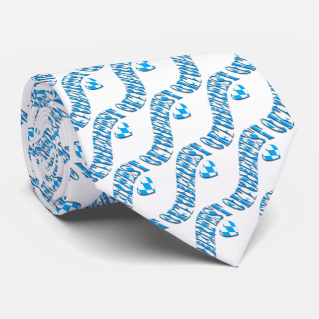 Text in Bavarian Flag Pattern Oktoberfest Tie (Rolled)