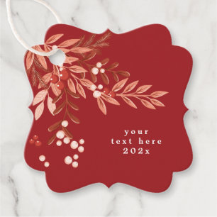 Text Leafy Floral Christmas Traditional Red Favour Tags