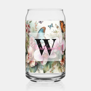 Text name Tropical flowers leaves watercolor Can Glass