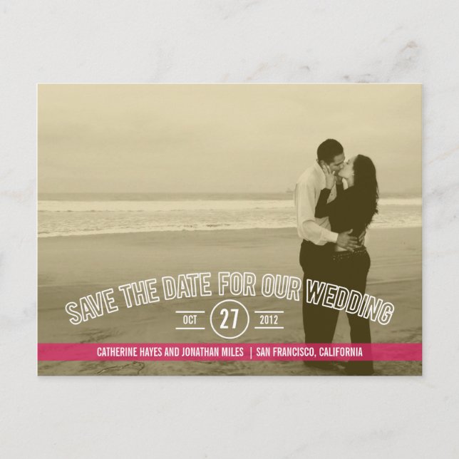 Text Overlay Save The Date Cards - Fuchsia (Front)