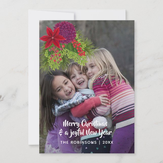 Text overlay Watercolor Floral Christmas Photo Holiday Card (Front)
