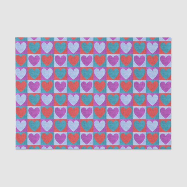 Textile Folk Art Hearts Pattern Checked Tissue Paper (Front)