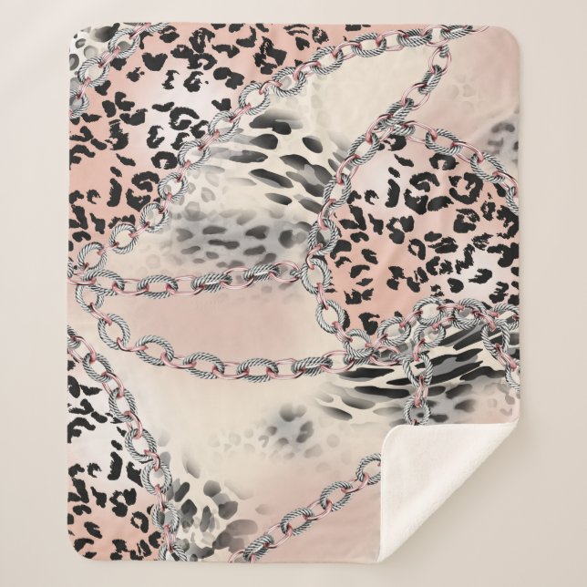 Textile Leopard: Floral Chain Pattern. Sherpa Blanket (Front)