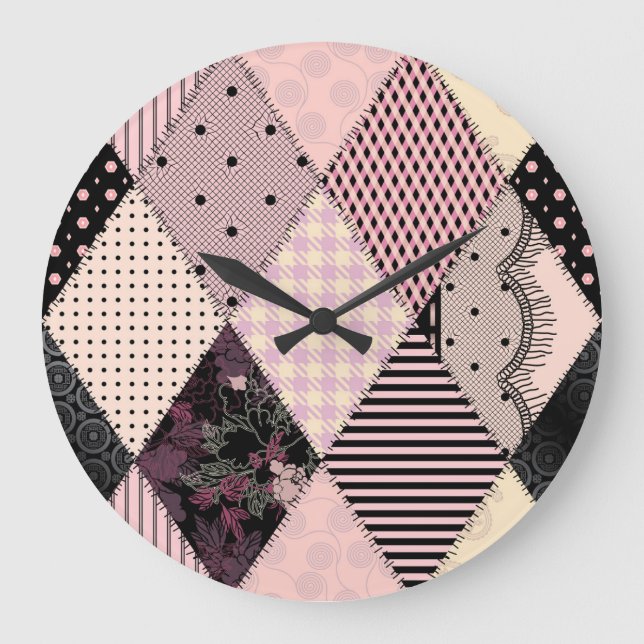 Textile Lingerie: Patchwork Vintage Pattern Large Clock (Front)