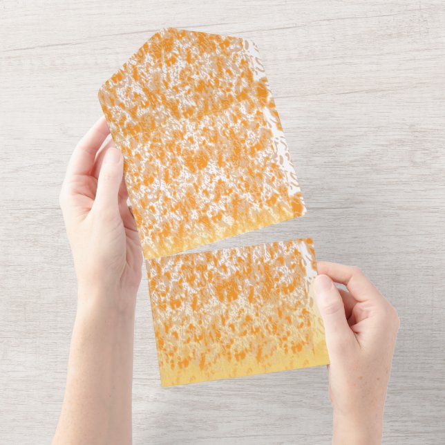 Textile pattern featuring a vibrant orange and gol all in one invitation (Tearaway)