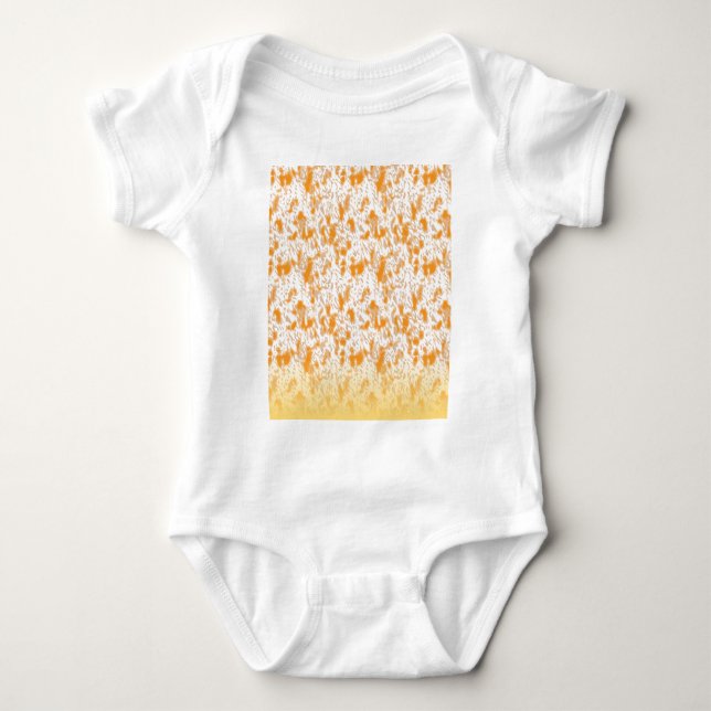 Textile pattern featuring a vibrant orange and gol baby bodysuit (Front)