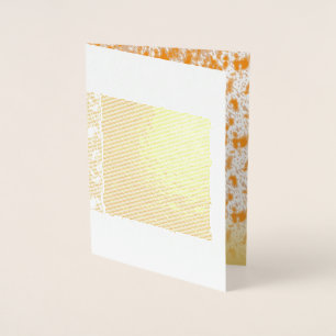 Textile pattern featuring a vibrant orange and gol foil card