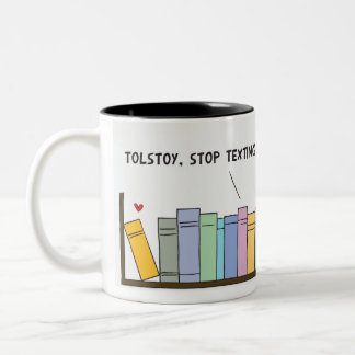 Texting on The Bookshelf black Two-Tone Coffee Mug