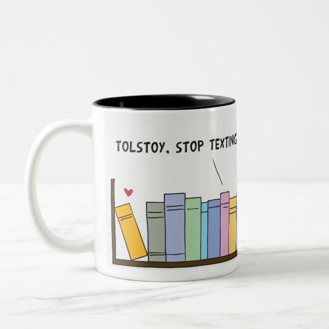 Texting on The Bookshelf black  Two-Tone Coffee Mug (Left)