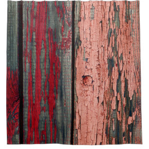 Texture of old wooden fence painted in red and ora shower curtain