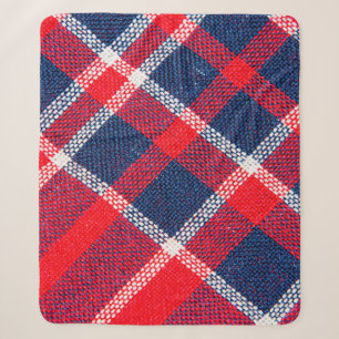 Texture of red and blue a checkered woolen fabric sherpa blanket