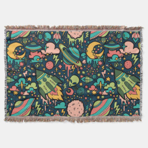 Texture Patterns Aliens Rockets Space Throw Blanket
