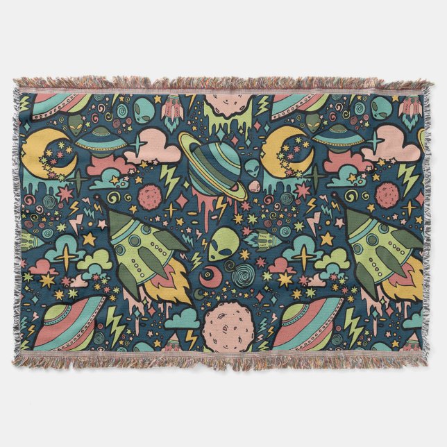 Texture Patterns Aliens Rockets Space Throw Blanket (Front)