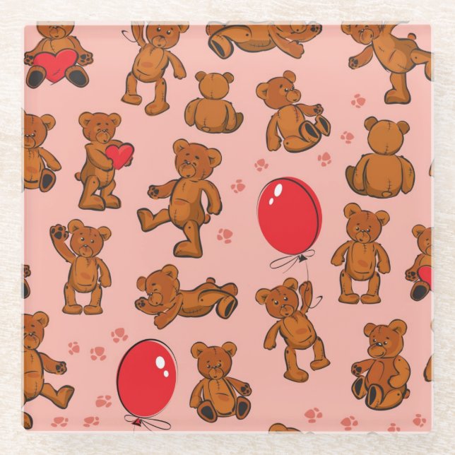Texture With Teddy Bears, Hearts Glass Coaster (Front)