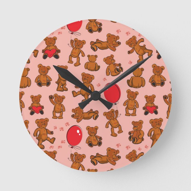 Texture With Teddy Bears, Hearts Round Clock (Front)