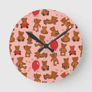 Texture With Teddy Bears, Hearts Round Clock