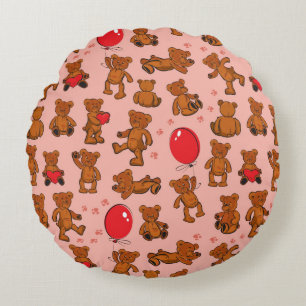 Texture With Teddy Bears, Hearts Round Cushion