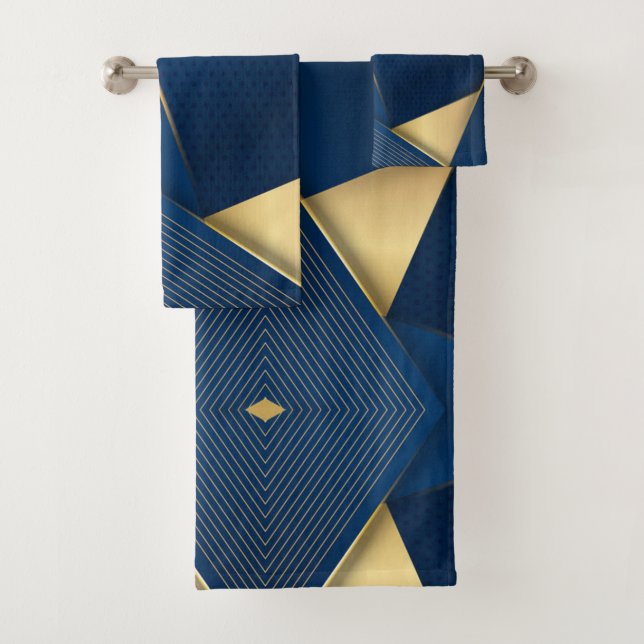  Textured Background Stripes Curves Blue and Gold Bath Towel Set (Insitu)