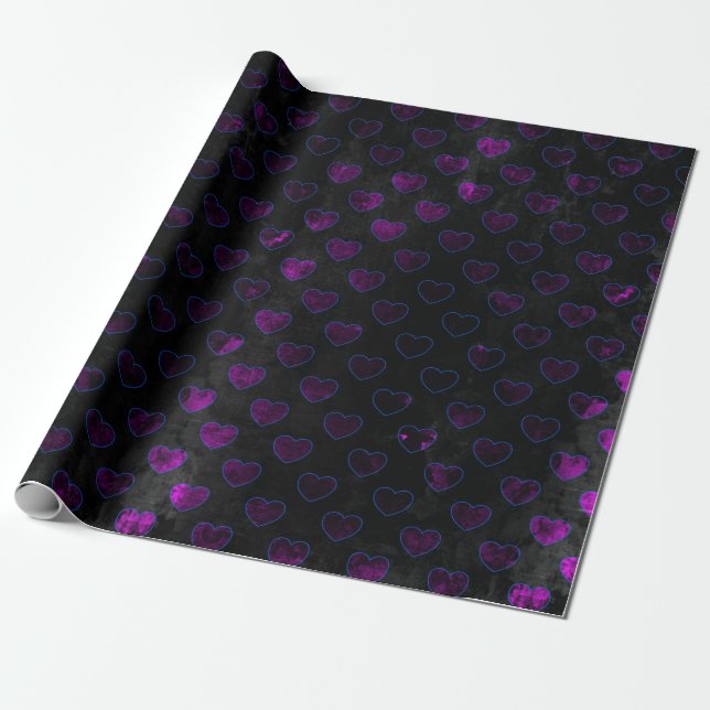 Textured Black And Purple Hearts Wrapping Paper (Unrolled)