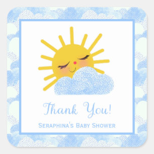 Textured Blue Clouds & Sun Baby Shower Thank You Square Sticker