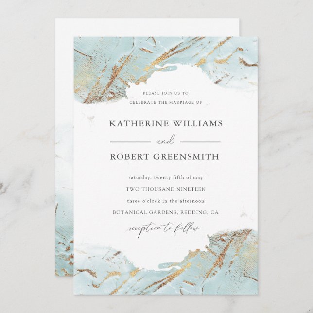 textured blue gold faux foil elegant Wedding Invitation (Front/Back)