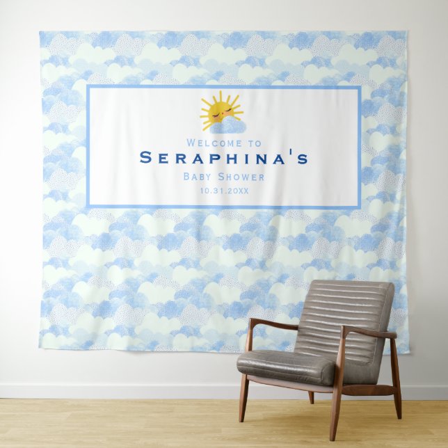 Textured Blue & White Clouds Baby Shower Backdrop Tapestry (In Situ (Horizontal))