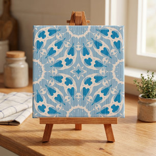 Textured Blue White Stylised Symmetrical Floral Ceramic Tile
