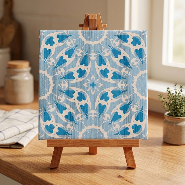 Textured Blue White Stylised Symmetrical Floral Ceramic Tile (Creator Uploaded)