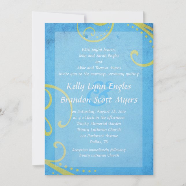 Textured Blue with Green Swirls Wedding Invitation (Front)