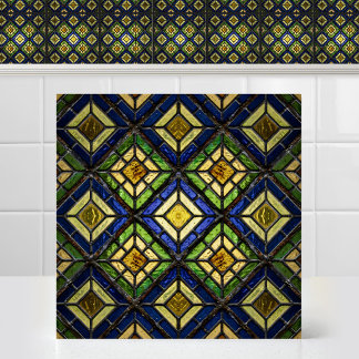 Textured Blue Yellow Cathedral Stained Glass Ceramic Tile