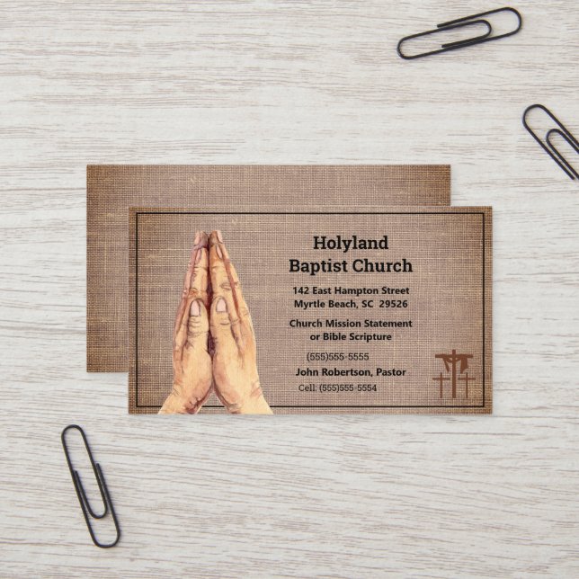 Textured Brown Praying Hands Three Cross Church   Business Card (Front/Back In Situ)