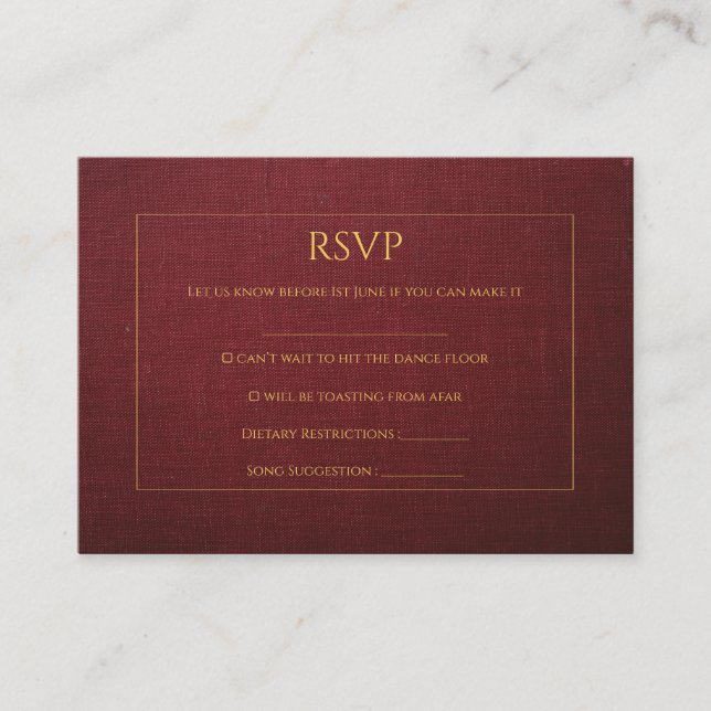 Textured Burgundy & Gold Wedding RSVP Card (Front)