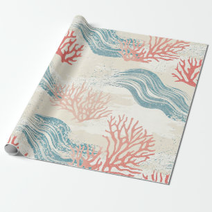 Textured Coral Botanical Branches in Coastal Blue Wrapping Paper