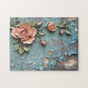 Textured Coral Roses on Distressed Teal Wood Jigsaw Puzzle