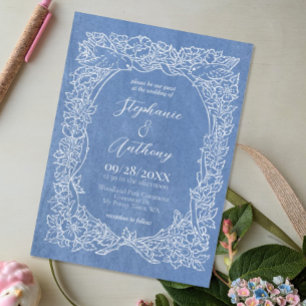 Textured Cornflower Blue Wildflower Bird Wedding Invitation