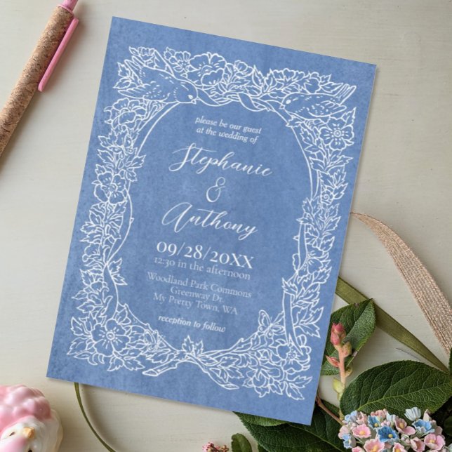 Textured Cornflower Blue Wildflower Bird Wedding Invitation (Creator Uploaded)