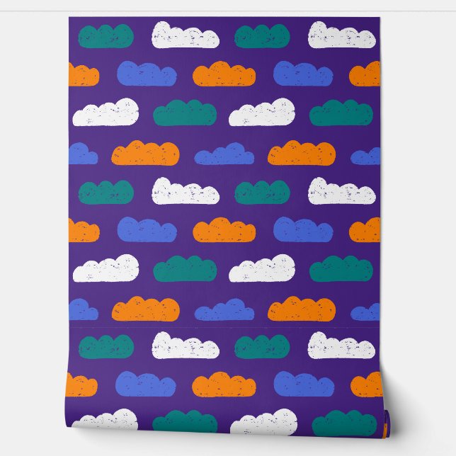 Textured Crayon Clouds on Royal Purple Wallpaper (Unrolling)