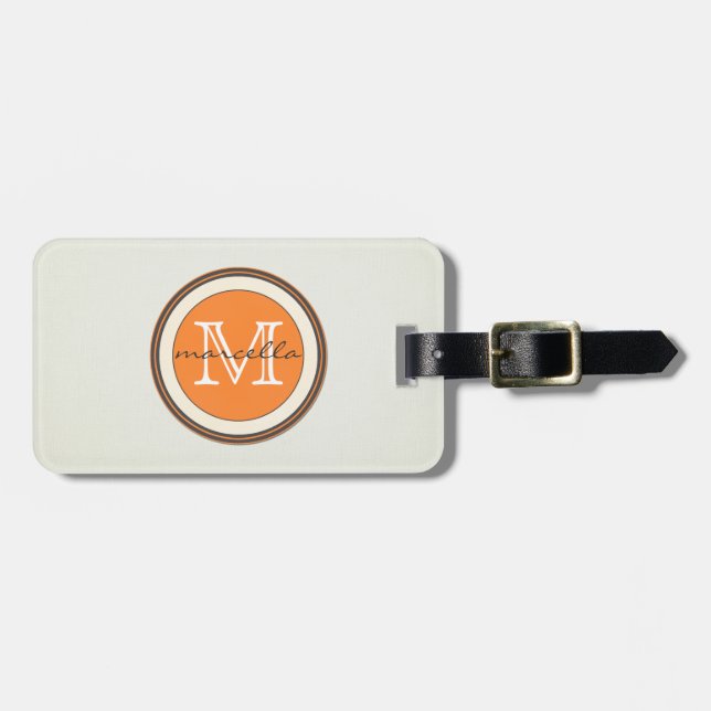 Textured Cream Background Orange Monogram Luggage Tag (Front Horizontal)