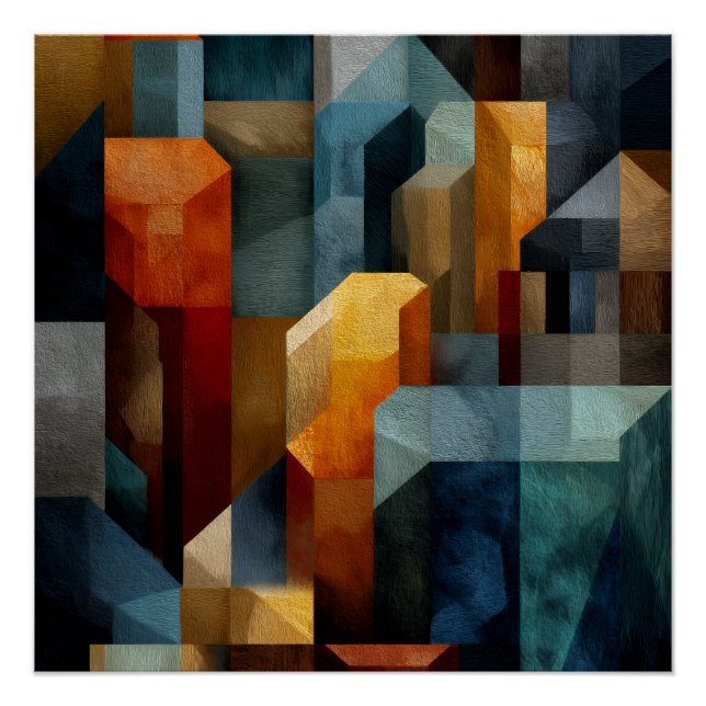 Textured Geometric Abstract Blue Orange Luxury Art Poster (Front)