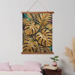 Textured Gold Tropical Leaves Neon Splatter Hanging Tapestry